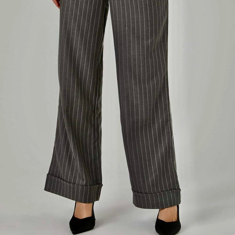 Sag Harbor Stretch vintage charcoal pinstripe wide leg trousers cuffed size 16
